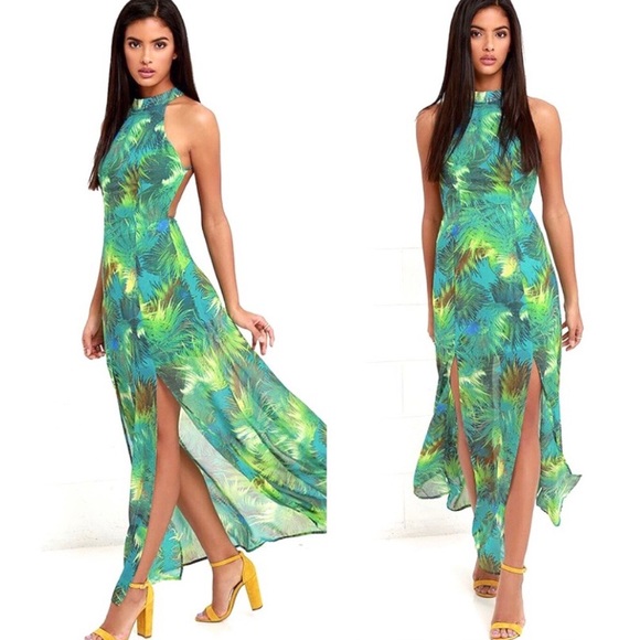 green tropical maxi dress
